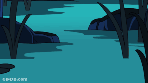 A Cartoon Drawing Of A Swamp With Rocks And Trees GIF