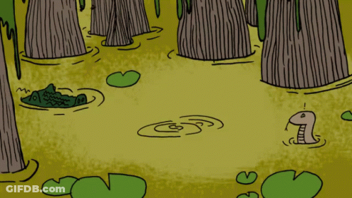 A Cartoon Drawing Of A Swamp With Trees And A Crocodile GIF