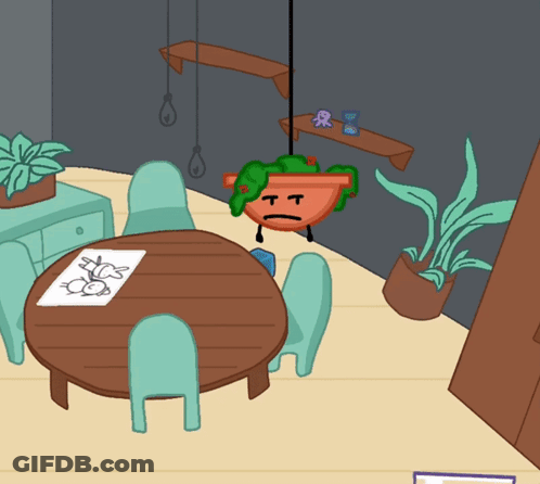A Cartoon Drawing Of A Table And Chairs With A Potted Plant With A Sad Face Hanging From The Ceiling GIF