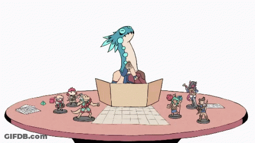 A Cartoon Drawing Of A Table With Miniature Figures And A Dragon GIF