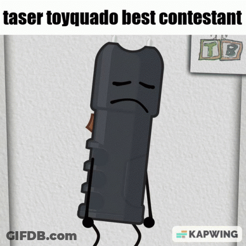 A Cartoon Drawing Of A Taser With A Sad Face On It GIF
