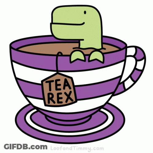 A Cartoon Drawing Of A Tea Rex In A Cup Of Tea GIF