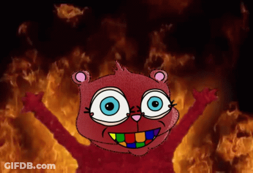 A Cartoon Drawing Of A Teddy Bear With Blue Eyes Standing In Front Of A Fire GIF