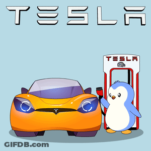 A Cartoon Drawing Of A Tesla Car And Penguin GIF