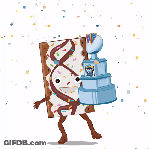 A Cartoon Drawing Of A Toaster Pastry Holding A Cake And A Pop Tart Trophy GIF