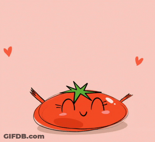 A Cartoon Drawing Of A Tomato With A Face And Hearts Around It GIF