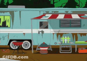 A Cartoon Drawing Of A Trailer With A Red And White Awning GIF