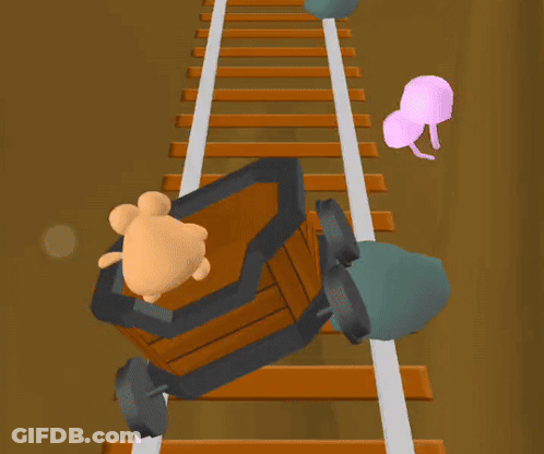 A Cartoon Drawing Of A Train Track With A Wagon And A Rock GIF