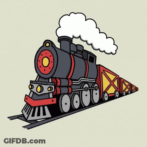 A Cartoon Drawing Of A Train With Smoke Coming Out Of Its Chimney GIF