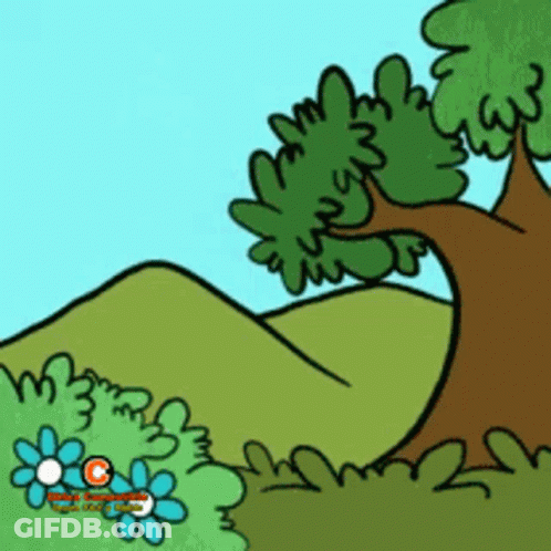 A Cartoon Drawing Of A Tree And A Hill GIF