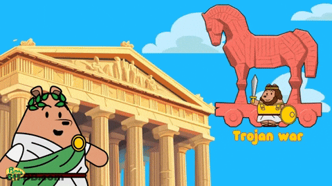 A Cartoon Drawing Of A Trojan War Scene With A Building In The Background GIF