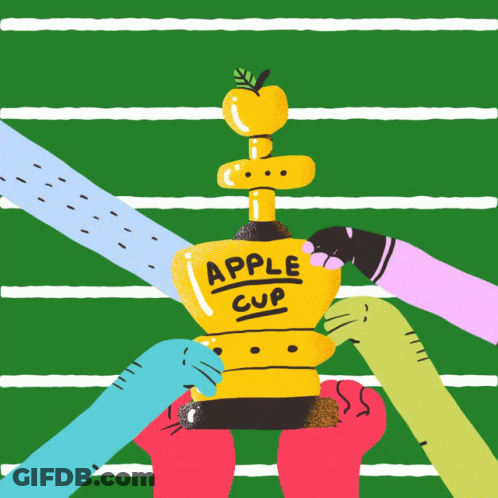 A Cartoon Drawing Of A Trophy That Says Apple Cup On It GIF