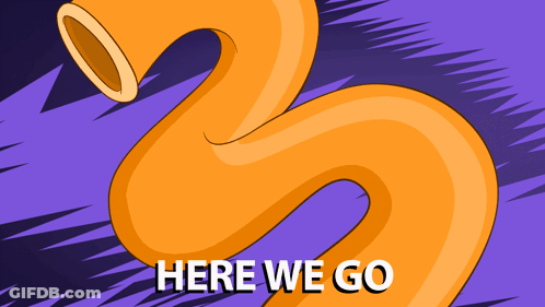 A Cartoon Drawing Of A Trumpet With The Words Here We Go Written Below It GIF