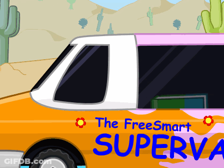 A Cartoon Drawing Of A Van With The Words The Freesmart Superva On The Side GIF