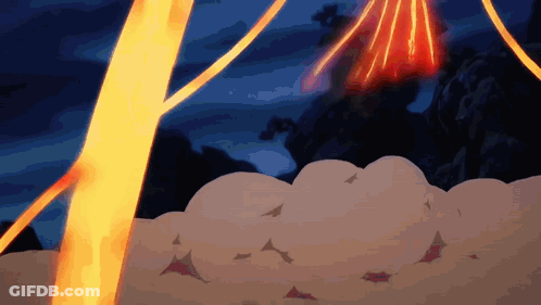 A Cartoon Drawing Of A Volcano Erupting In The Distance GIF