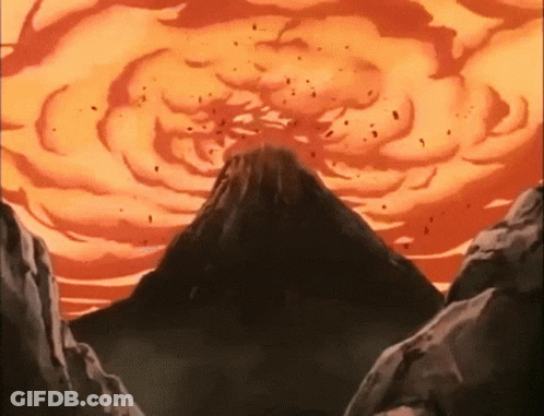 A Cartoon Drawing Of A Volcano Erupting With A Huge Explosion In The Background GIF