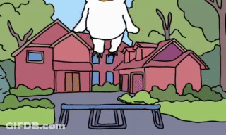 A Cartoon Drawing Of A White Bear Jumping Over A Railing In Front Of A House GIF