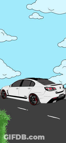 A Cartoon Drawing Of A White Car With Red Wheels GIF