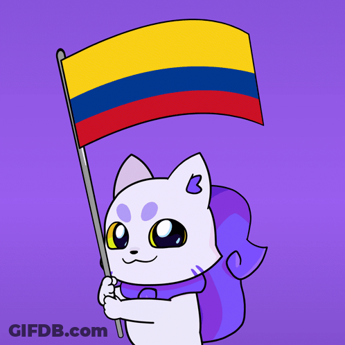 A Cartoon Drawing Of A White Cat Holding A Colombian Flag GIF