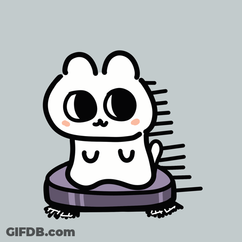 A Cartoon Drawing Of A White Cat Sitting On A Purple Vacuum Cleaner GIF