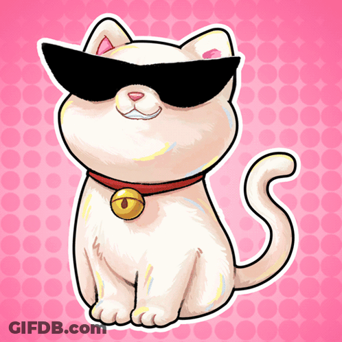 A Cartoon Drawing Of A White Cat Wearing Sunglasses And A Bell Around Its Neck GIF