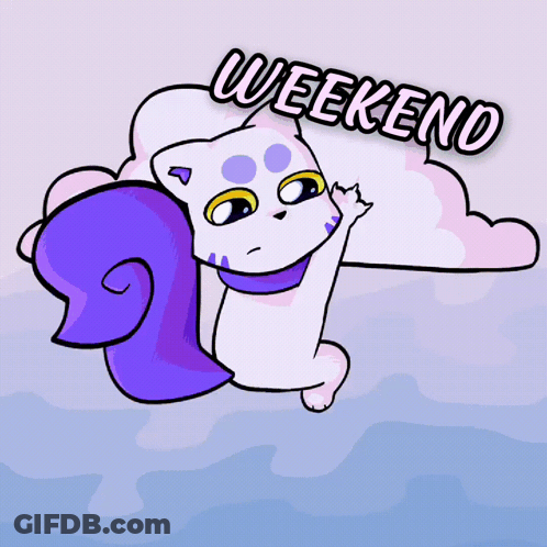 A Cartoon Drawing Of A White Cat With A Purple Tail That Says Weekend GIF
