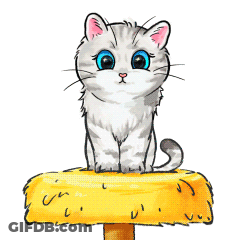A Cartoon Drawing Of A White Cat With Blue Eyes On A Pink Background GIF