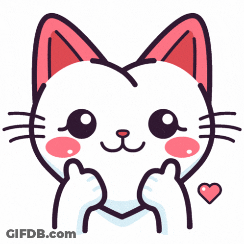 A Cartoon Drawing Of A White Cat With Pink Ears And A Heart Behind It GIF