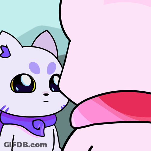 A Cartoon Drawing Of A White Cat With Purple Spots GIF