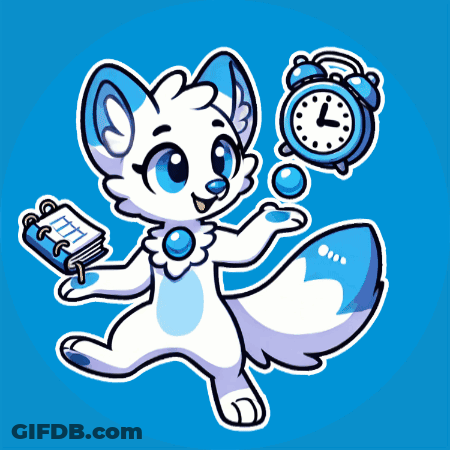 A Cartoon Drawing Of A White Fox With Blue Eyes Holding A Book And An Alarm Clock GIF
