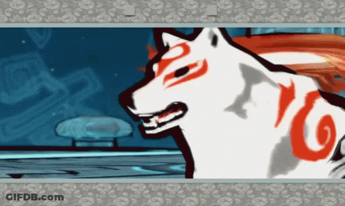 A Cartoon Drawing Of A White Wolf With Red Markings On It 'S Face GIF