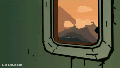 A Cartoon Drawing Of A Window With A View Of Mountains GIF