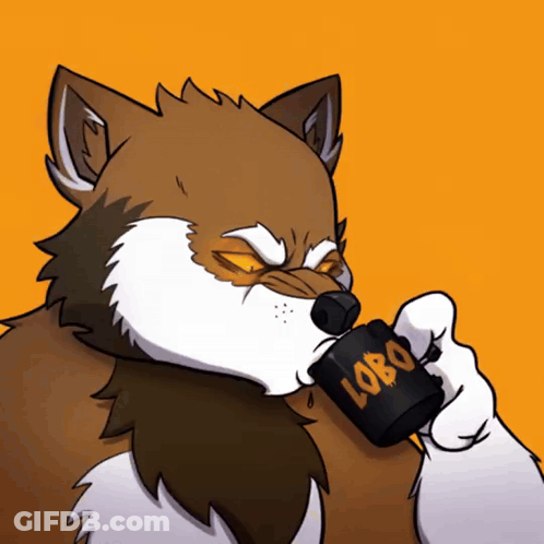 A Cartoon Drawing Of A Wolf Drinking From A Lobo Cup GIF