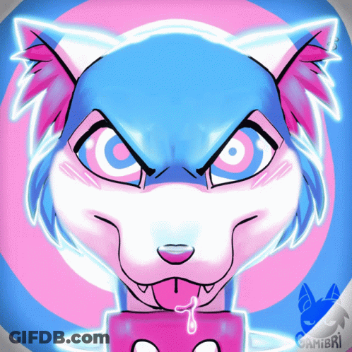 A Cartoon Drawing Of A Wolf With A Pink And Blue Circle In The Background GIF
