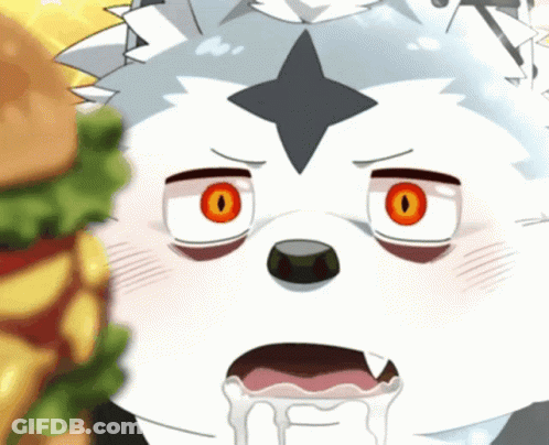 A Cartoon Drawing Of A Wolf With Red Eyes Eating A Hamburger GIF