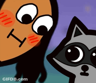 A Cartoon Drawing Of A Woman And A Raccoon With The Letter T On Their Faces GIF