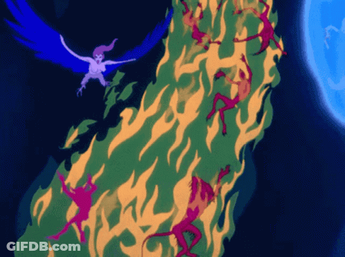 A Cartoon Drawing Of A Woman Flying Over A Group Of Devils GIF