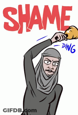 A Cartoon Drawing Of A Woman Holding A Bell With The Word Shame Behind Her GIF