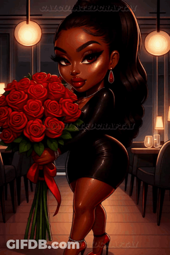 A Cartoon Drawing Of A Woman Holding A Bouquet Of Red Roses GIF