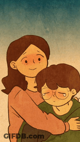 A Cartoon Drawing Of A Woman Holding A Boy Who Is Crying GIF