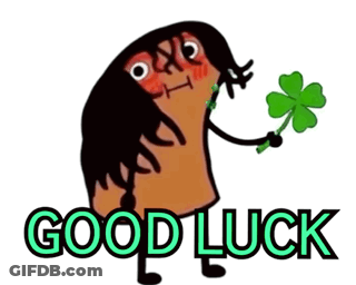 A Cartoon Drawing Of A Woman Holding A Clover And The Words Good Luck Below Her GIF