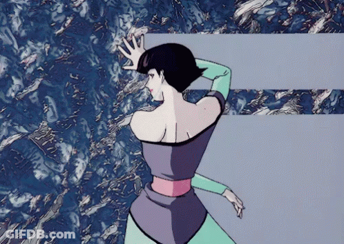 A Cartoon Drawing Of A Woman In A Purple And Green Dress GIF