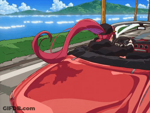 A Cartoon Drawing Of A Woman In A Red Convertible Car GIF
