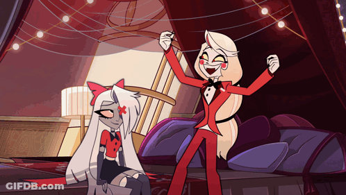 A Cartoon Drawing Of A Woman In A Red Suit And Bow Tie GIF