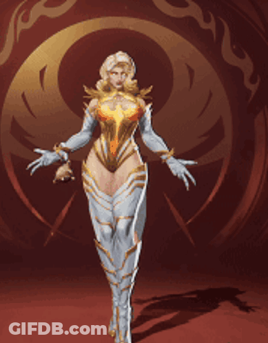 A Cartoon Drawing Of A Woman In A White And Gold Outfit GIF