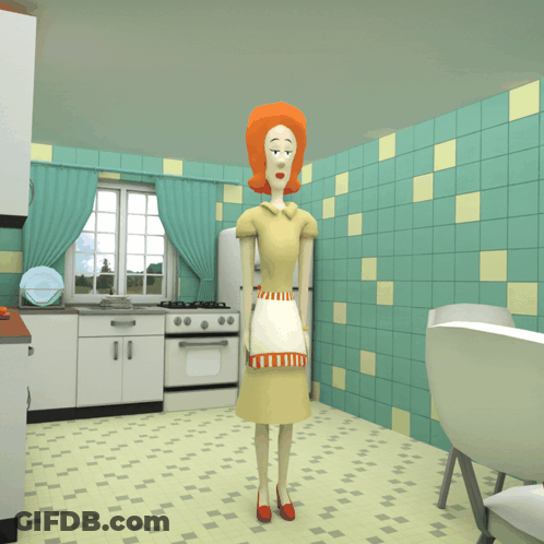 A Cartoon Drawing Of A Woman In A Yellow Dress And Apron GIF