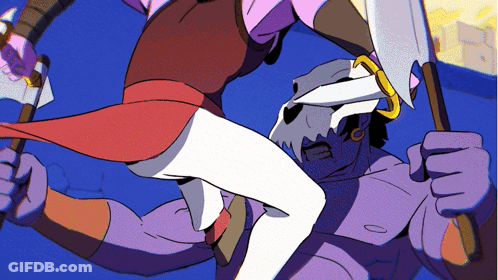A Cartoon Drawing Of A Woman Kicking A Monster With An Axe GIF