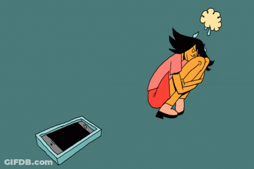 A Cartoon Drawing Of A Woman Kneeling Next To A Cell Phone GIF