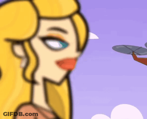 A Cartoon Drawing Of A Woman Looking At A Helicopter GIF