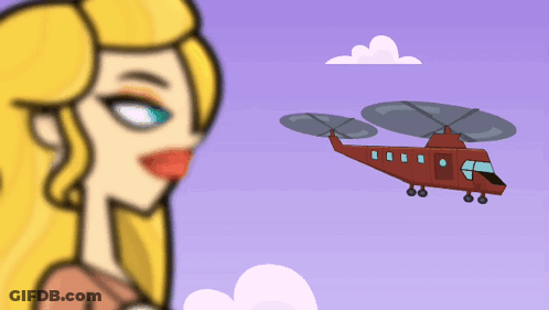 A Cartoon Drawing Of A Woman Looking At A Red Helicopter GIF